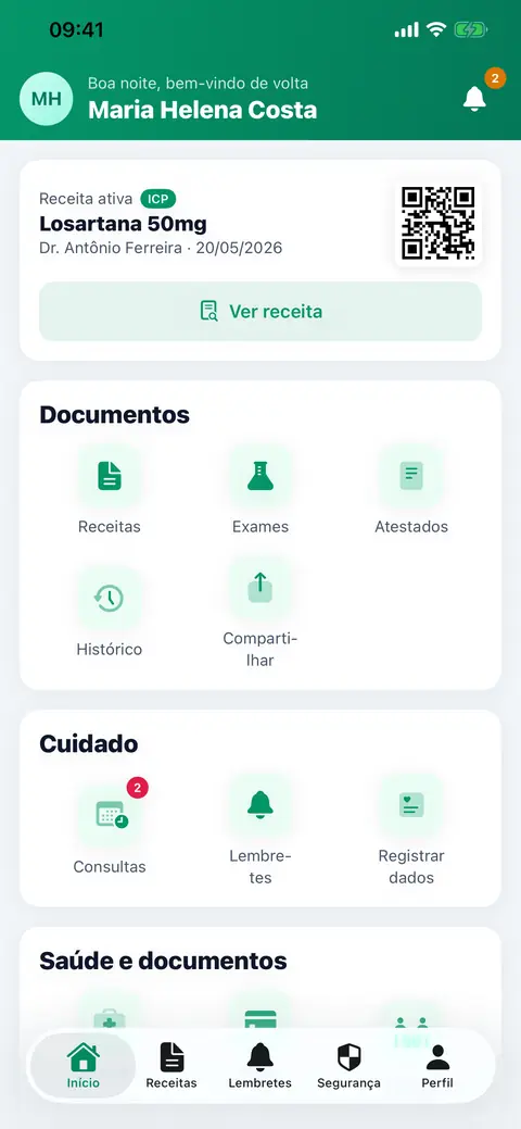 Tela inicial reunindo receitas, exames, lembretes e cuidado