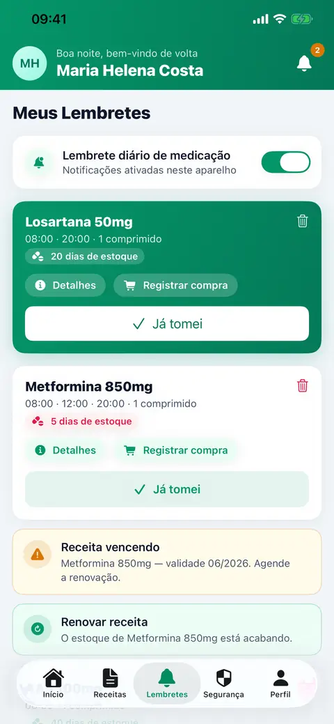 Tela de lembretes de remédio com confirmação e controle de estoque