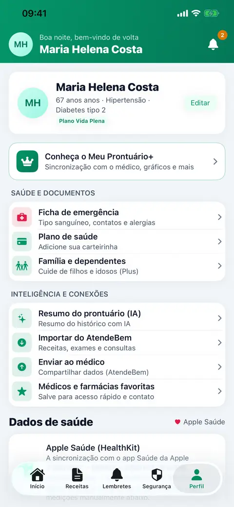 Perfil com família, plano de saúde, médico e Apple Saúde